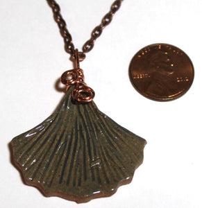 Hand Made Stoneware Pendant Necklace Ginkgo Leaf Gray Blue Copper Wire