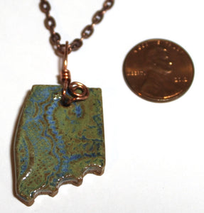Hand Made Stoneware Pendant Necklace Abstract Green Blue OOAK Copper Wire