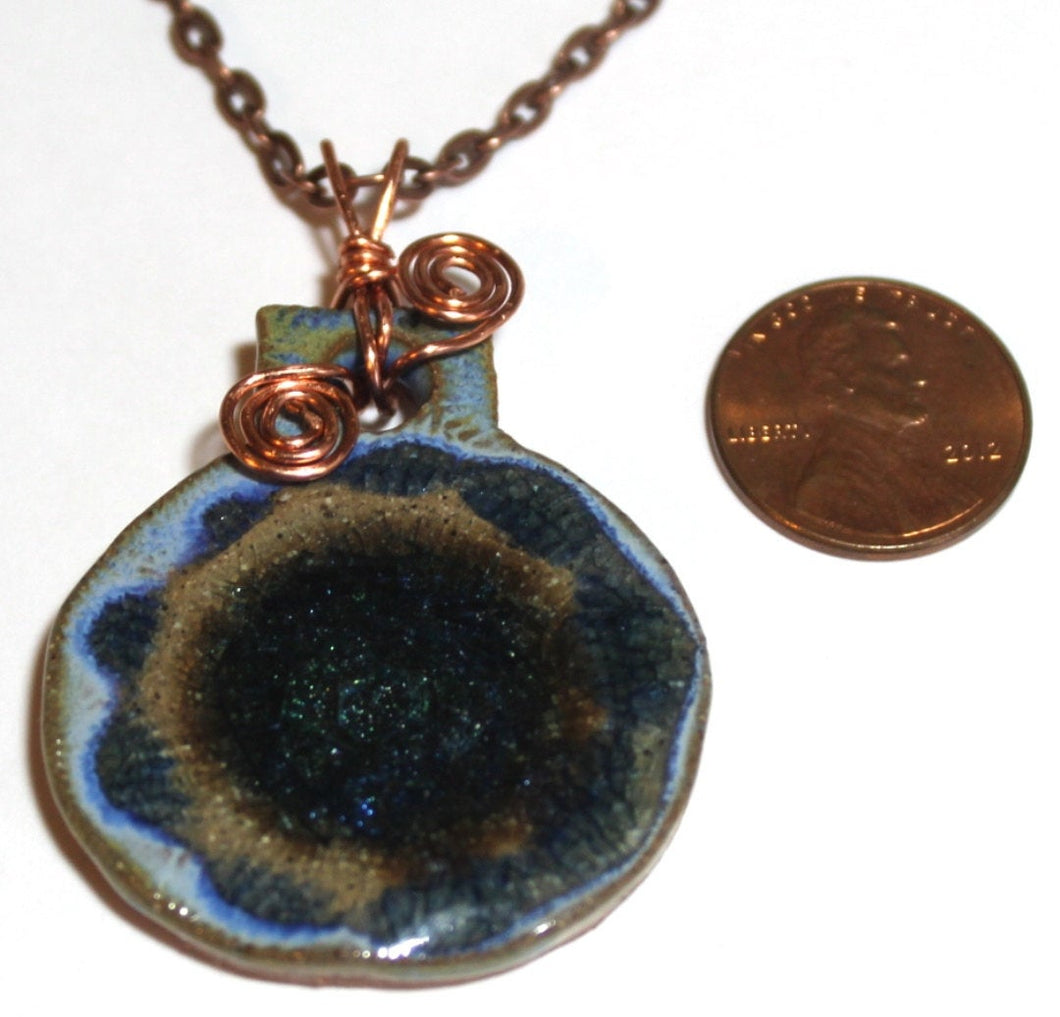Hand Made Stoneware Pendant Necklace Blue Tan Melted Glass Copper Wire OOAK