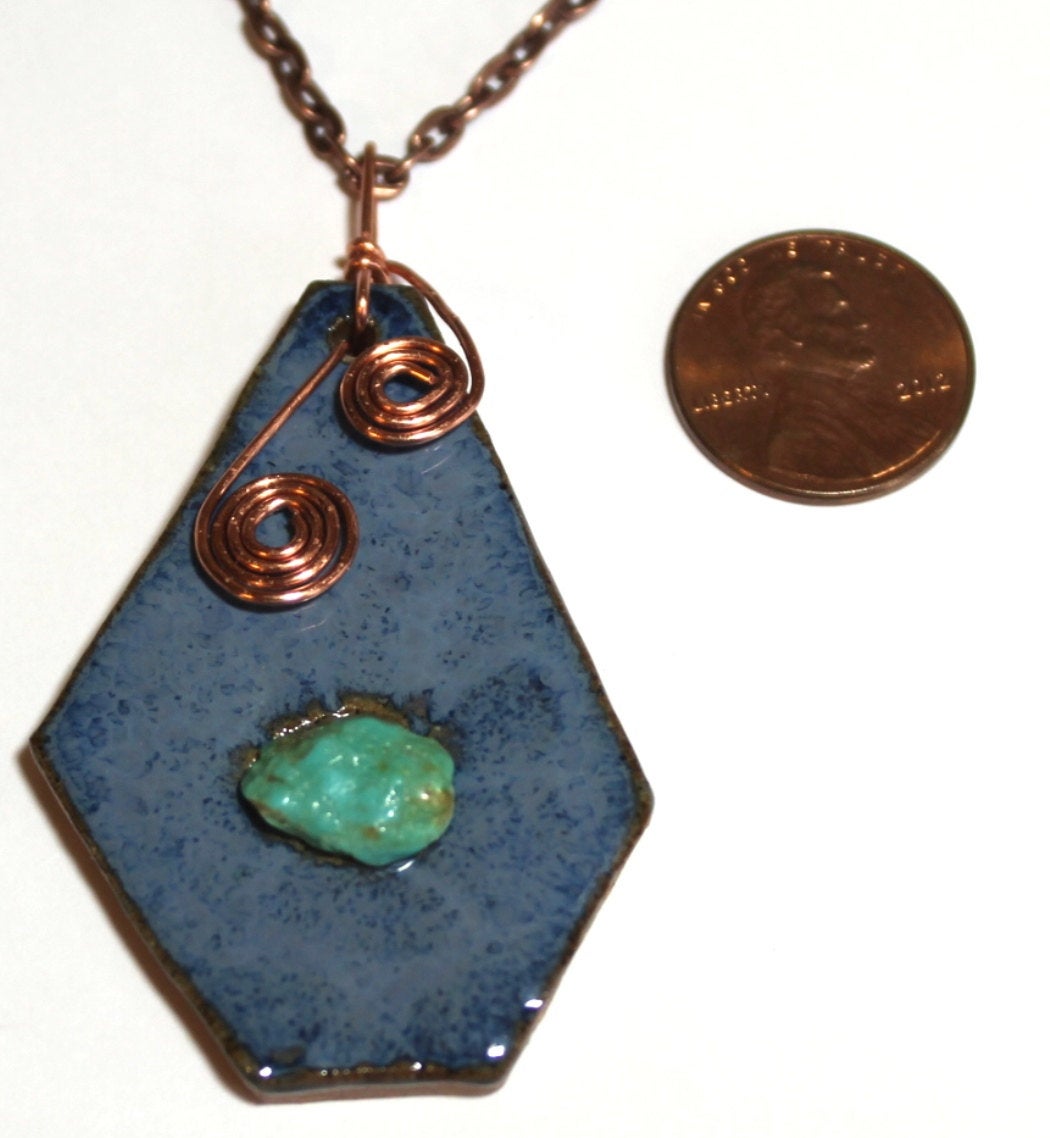 Hand Made Stoneware Pendant Necklace Blue Geometric Turquoise Nugget Copper Wire