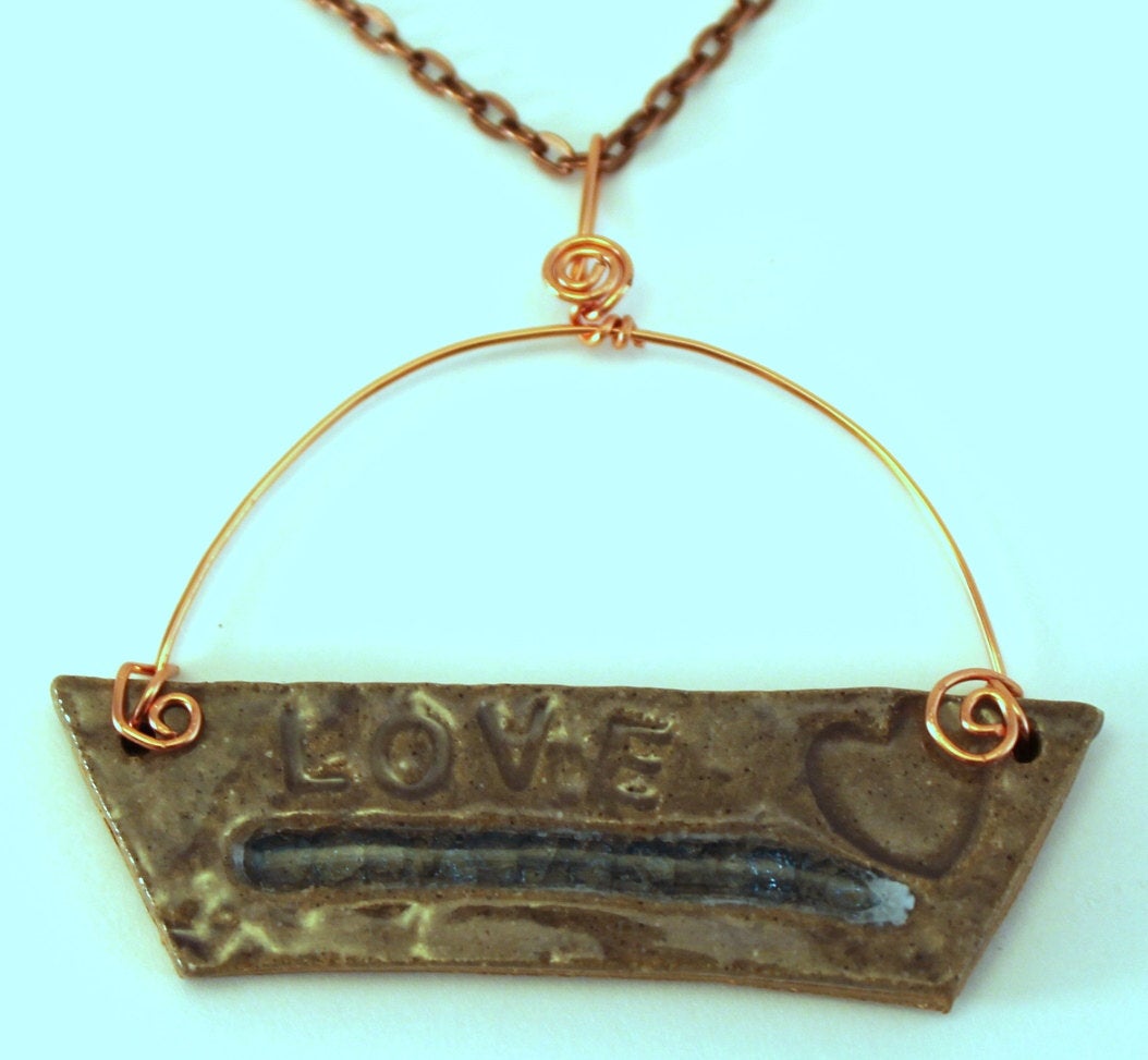 Hand Made Stoneware Pendant Necklace Love Heart Glass Gray Blue Copper OOAK