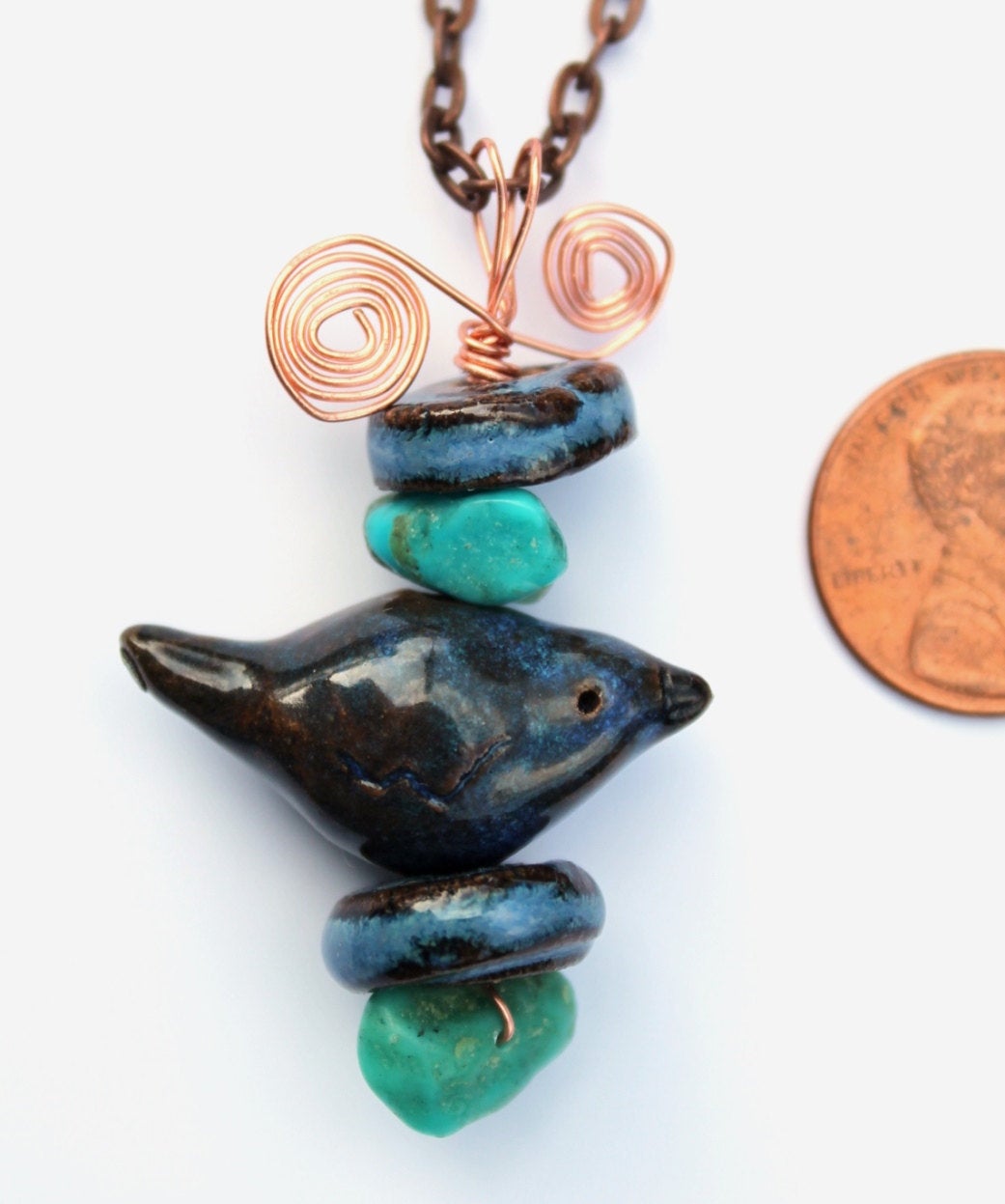 Hand Made Stoneware Pendant Necklace Bird Beads Turquoise Nuggets Copper Blue