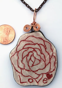 Hand Made Stoneware Pendant Necklace Pink Red Rose Love Carved Blue Back OOAK Heart