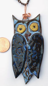 Hand Made Stoneware Pendant Necklace Blue Owl Yellow Copper Wire OOAK Ceramic