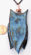 Load image into Gallery viewer, Hand Made Stoneware Pendant Necklace Blue Owl Yellow Copper Wire OOAK Ceramic