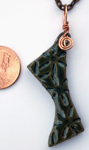 Hand Made Stoneware Pendant Necklace Blue Green Embossed Geometric Free Form