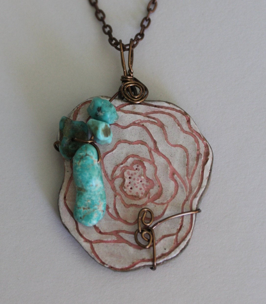 Hand Made Stoneware Pendant Necklace Pink rose Vintage Turquoise Copper #1