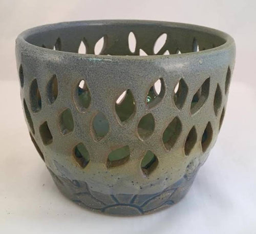 Stoneware Wheel Thrown Hand Carved Votive Candle Holder OOAK blue Green Leaves Flowers