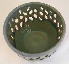 Load image into Gallery viewer, Stoneware Wheel Thrown Hand Carved Votive Candle Holder OOAK blue Green Leaves Flowers