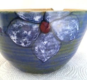 Wheel Thrown Pottery Yarn Bowl Cobalt Blue Green Red Hand Painted Flowers OOAK