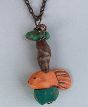 Load image into Gallery viewer, Hand Made Stoneware Pendant Necklace Fish Beads Turquoise Orange Brown