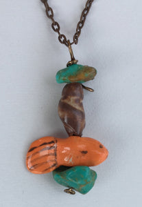 Hand Made Stoneware Pendant Necklace Fish Beads Turquoise Orange Brown