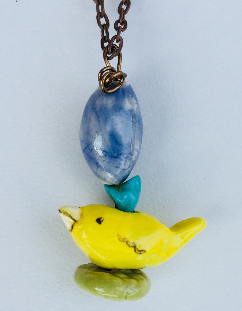 Hand Made Stoneware Pendant Necklace Bird Beads Turquoise Yellow Blue Green