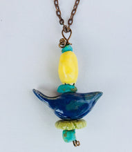 Load image into Gallery viewer, Hand Made Stoneware Pendant Necklace Bird Beads Turquoise Nuggets Yellow Blue