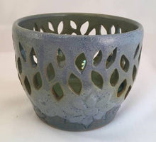 Load image into Gallery viewer, Stoneware Wheel Thrown Hand Carved Votive Candle Holder OOAK blue Green Leaves Flowers