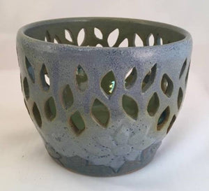 Stoneware Wheel Thrown Hand Carved Votive Candle Holder OOAK blue Green Leaves Flowers