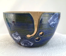 Load image into Gallery viewer, Wheel Thrown Pottery Yarn Bowl Cobalt Blue Green Red Hand Painted Flowers OOAK