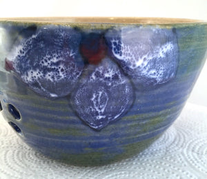 Wheel Thrown Pottery Yarn Bowl Cobalt Blue Green Red Hand Painted Flowers OOAK