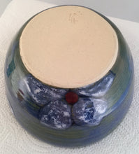 Load image into Gallery viewer, Wheel Thrown Pottery Yarn Bowl Cobalt Blue Green Red Hand Painted Flowers OOAK