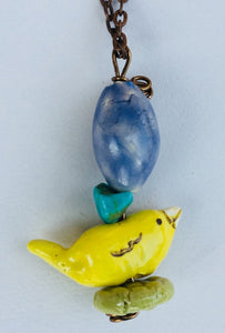 Hand Made Stoneware Pendant Necklace Bird Beads Turquoise Yellow Blue Green