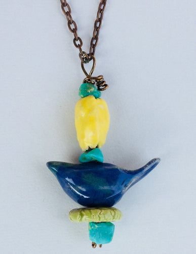 Hand Made Stoneware Pendant Necklace Bird Beads Turquoise Nuggets Yellow Blue