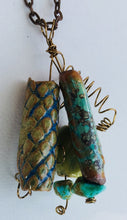 Load image into Gallery viewer, Hand Made Stoneware Pottery Beaded Pendant Necklace Green Blue Turquoise Nugget