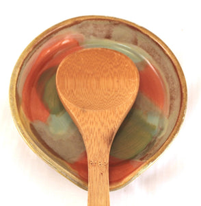 Wheel Thrown Stoneware Pottery Spoon Rest coral green aqua tan OOAK Ceramic