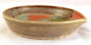 Wheel Thrown Stoneware Pottery Spoon Rest coral green aqua tan OOAK Ceramic