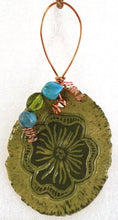 Load image into Gallery viewer, Hand Made Free Form Pottery Ornament Sgraffito Flower Lime Green Copper Wire
