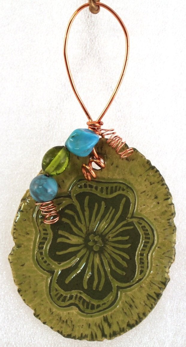 Hand Made Free Form Pottery Ornament Sgraffito Flower Lime Green Copper Wire