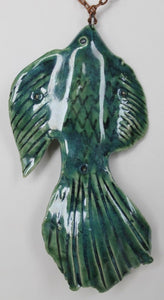 Hand Made Stoneware Pottery Large Fish Pendant Necklace Ornament Green