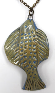 Hand Made Sculpted Stoneware Pottery Fish Pendant Necklace Blue Green