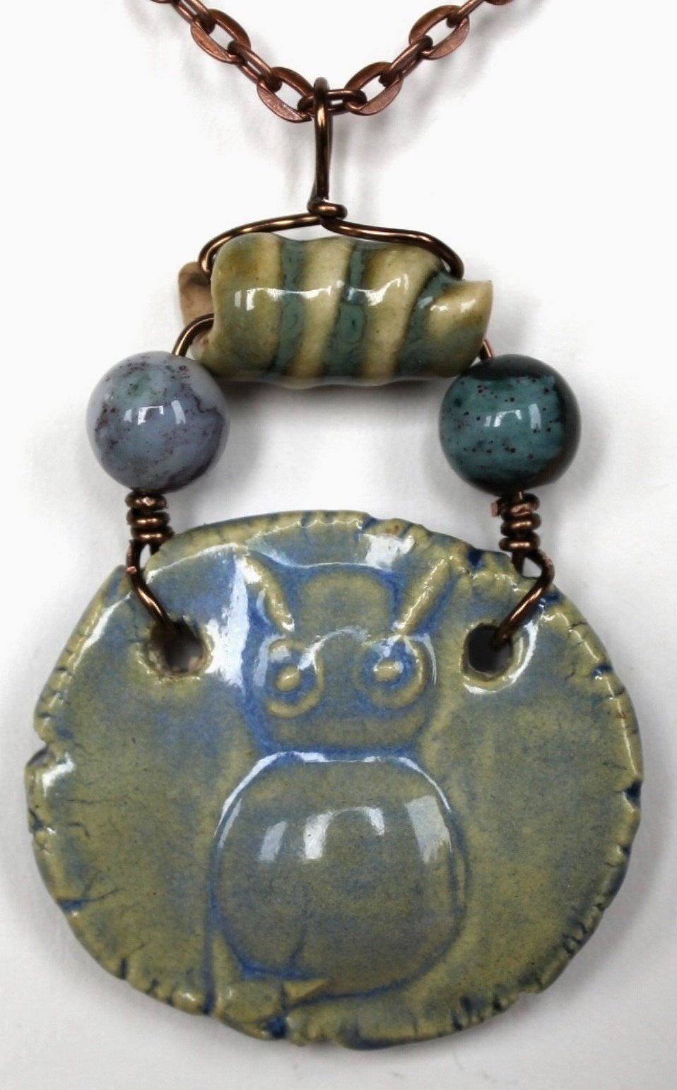 Hand Made Sculpted Stoneware Pottery Owl Pendant Necklace Blue Green