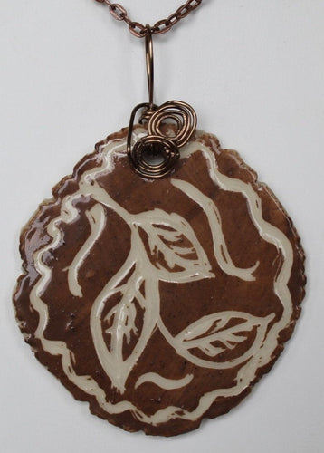 Hand Made Sculpted Stoneware Pottery Sgraffito Pendant Necklace Leaves Brown
