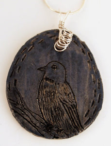 Hand Made Stoneware Pottery Mishima Pendant Necklace Bird Blue