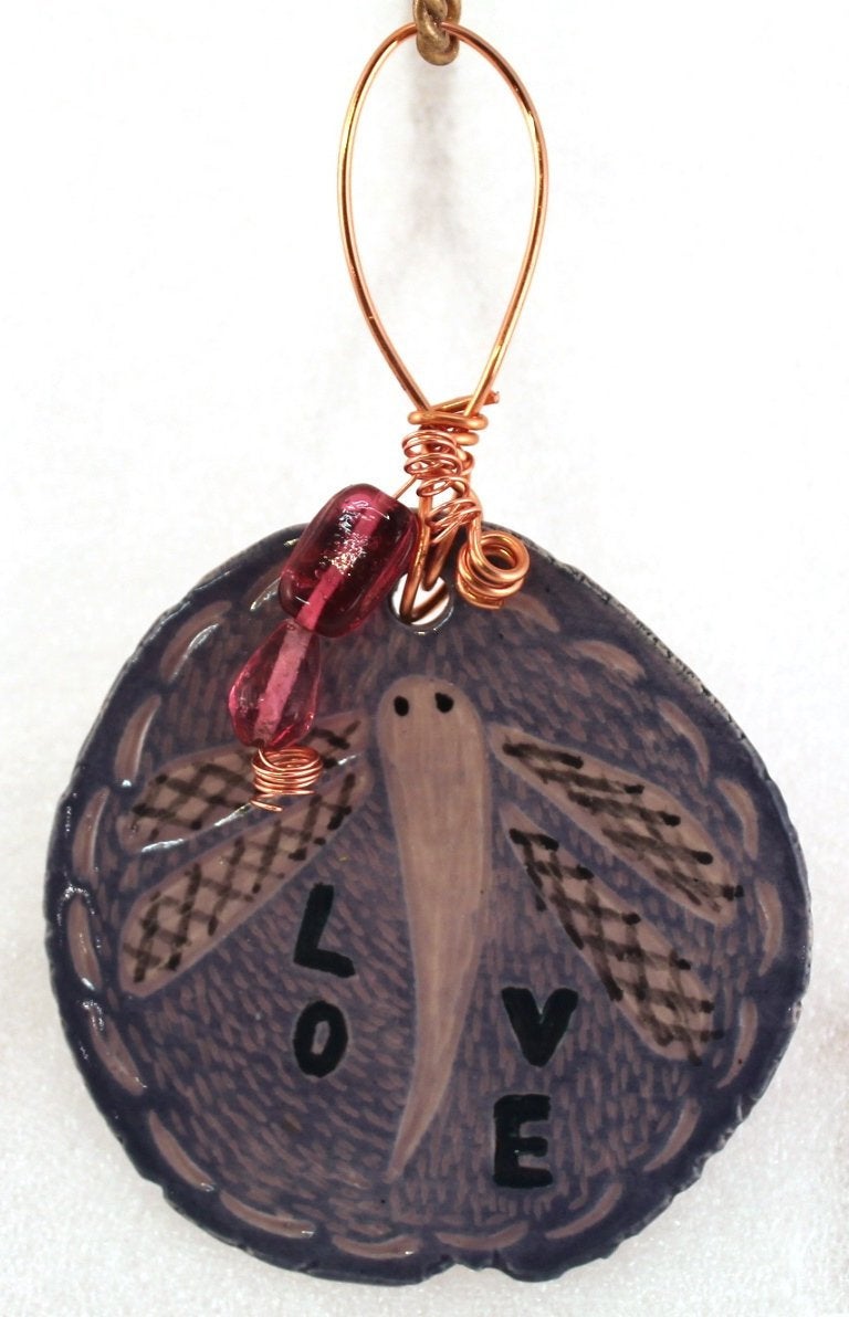 Hand Made Free Form Pottery Ornament Sgraffito Dragonfly Love Blue Copper Wire