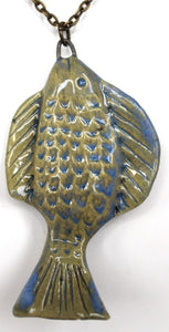 Hand Made Sculpted Stoneware Pottery Fish Pendant Necklace Blue Green