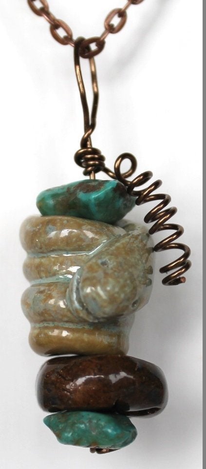Hand Made Sculpted Stoneware Pottery Snake Pendant Necklace Blue Brown Turquoise