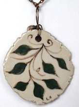 Load image into Gallery viewer, Hand Made Sculpted Stoneware Pottery Sgraffito Pendant Necklace Leaves Brown