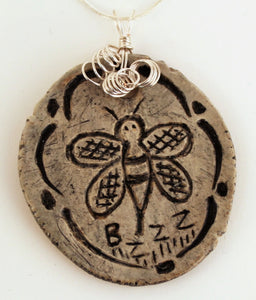 Hand Made Stoneware Pottery Mishima Pendant Necklace Honey Bee