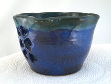 Load image into Gallery viewer, Wheel Thrown Hand Carved Stoneware Pottery Candle Votive Tealight Holder Hearts Blue