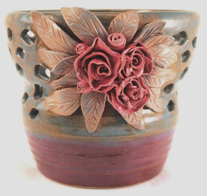 Wheel Thrown Stoneware Pottery Hand Carved Sculpted Candle Luminary Roses OOAK