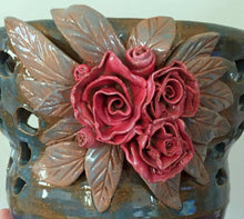 Load image into Gallery viewer, Wheel Thrown Stoneware Pottery Hand Carved Sculpted Candle Luminary Roses OOAK