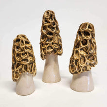 Load image into Gallery viewer, Hand Sculpted Stoneware Pottery Morel Mushroom Set of 3 Ceramic Fairy Garden Cottagecore Mushroom Lovers