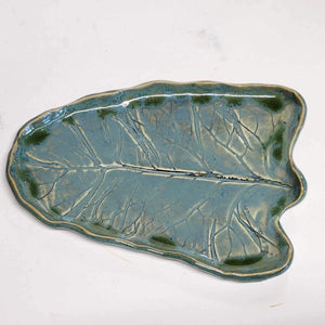 Handmade Pottery Ceramic Leaf Dish Serving Dish Small Tray Light Blue with Green Accents