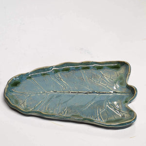 Handmade Pottery Ceramic Leaf Dish Serving Dish Small Tray Light Blue with Green Accents