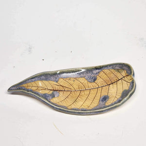 Handmade Pottery Ceramic Small Leaf Trinket Dish Votive Holder Yellow Blue