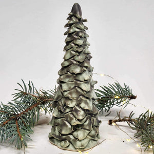 Stoneware Pottery Hand Built & Carved Small Tree Fir Tree North Woods Dark Gray Green Light Green Accents 3 1/2" to 4 1/2" tall
