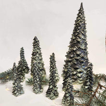 Load image into Gallery viewer, Stoneware Pottery Hand Built &amp; Carved Small Tree Fir Tree North Woods Dark Gray Green Light Green Accents 3 1/2&quot; to 4 1/2&quot; tall