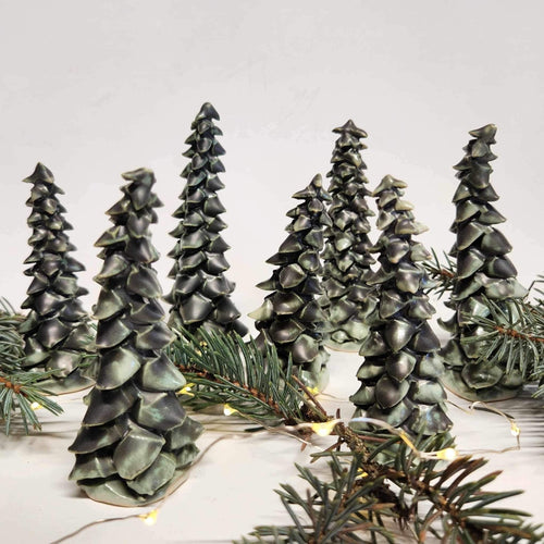Stoneware Pottery Hand Built & Carved Small Tree Fir Tree North Woods Dark Gray Green Light Green Accents 3 1/2